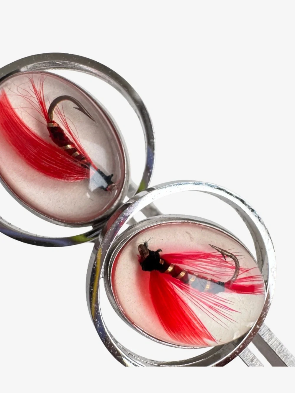 Vintage Anson Fly Fishing Lure Cufflinks Red Feather Hook Silver Tone Dome Mens
